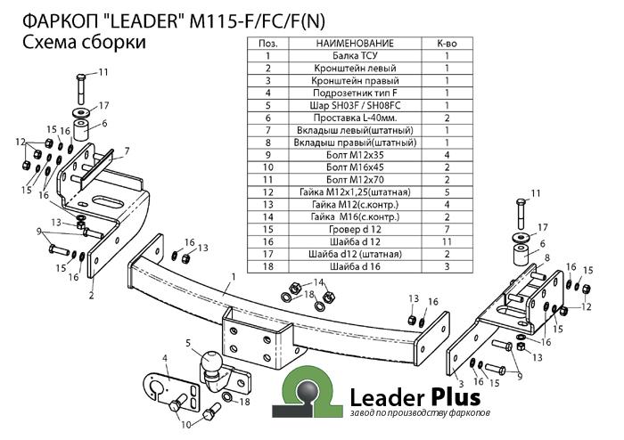 Фаркоп ТСУ для MITSUBISHI PAJERO SPORT 2 2008-... F., шт, Лидер-ПЛЮС, арт. M115-F