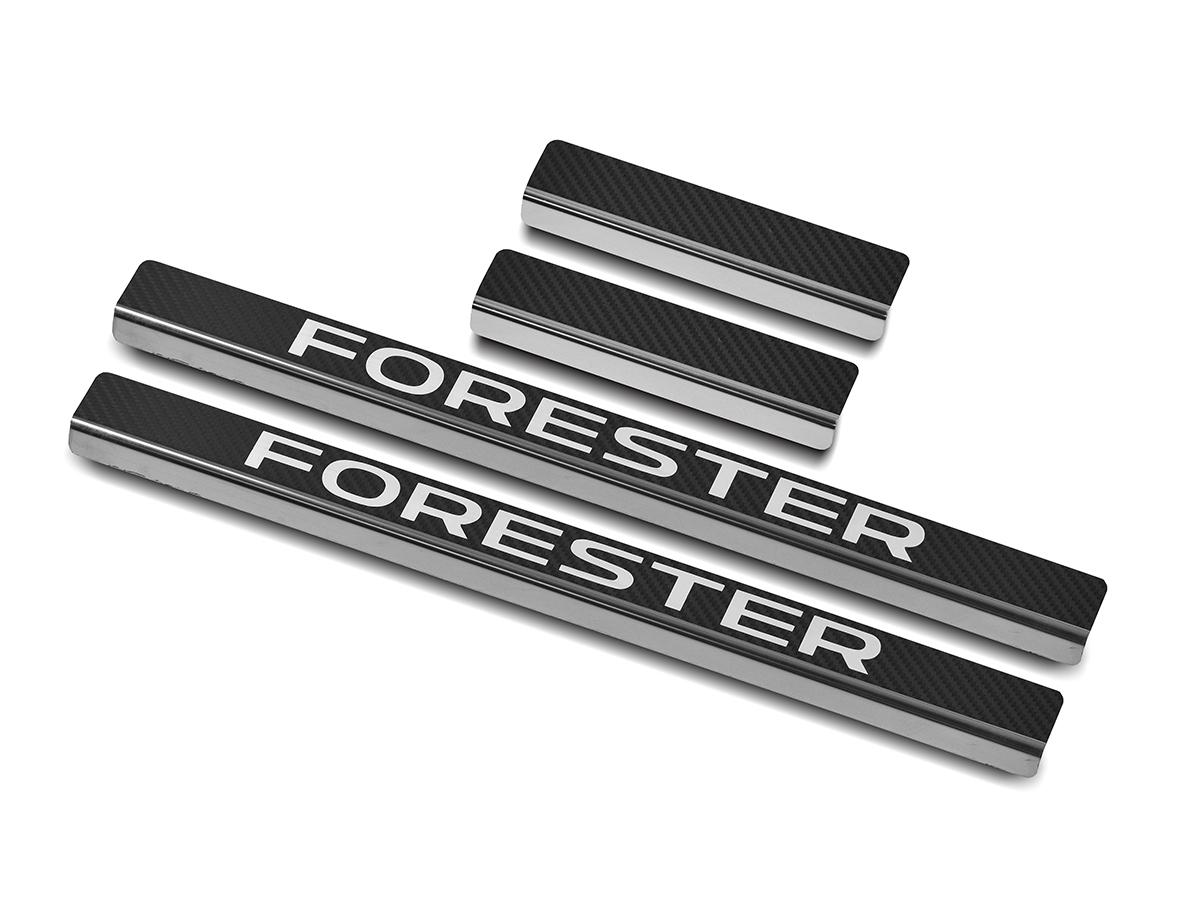 Накладки на пороги RUSSTAL (нерж., карбон, надпись) SBFOR13-06 для SUBARU FORESTER(SJ) 2016-2018