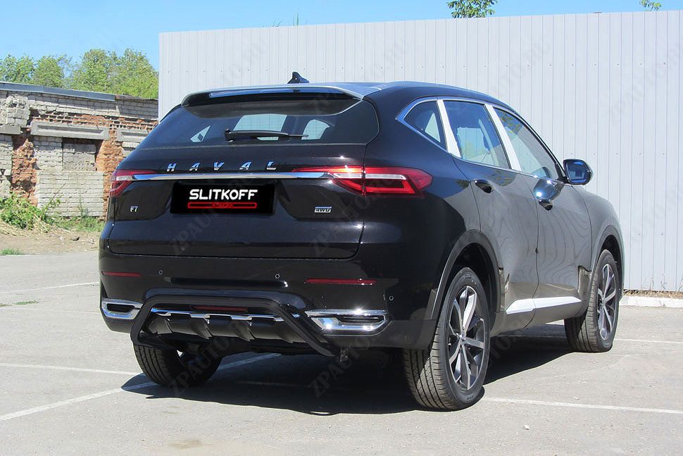 Защита заднего бампера d42 скоба черная Haval F7 F7x (2019-2023) , Slitkoff, арт. HavF7010B