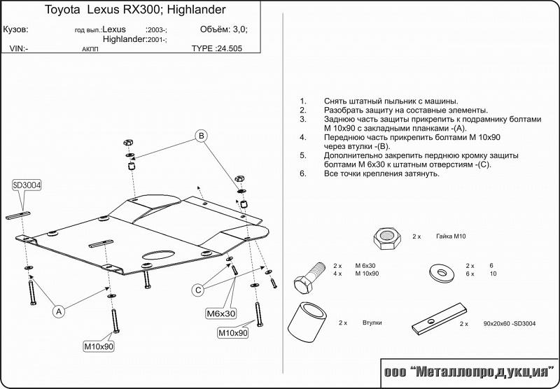 Защита картера и КПП для TOYOTA Highlander  2001 - 2007, V-2,4; 3,0; 3,3, Sheriff, сталь 2,0 мм, арт. 24.0505