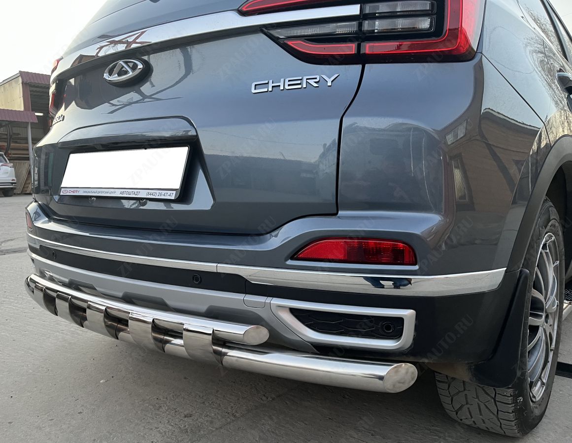 Защита заднего бампера двойная с перемычками для автомобиля Chery Tiggo 4 2019 Рестайлинг арт. CHTG-R.19.25