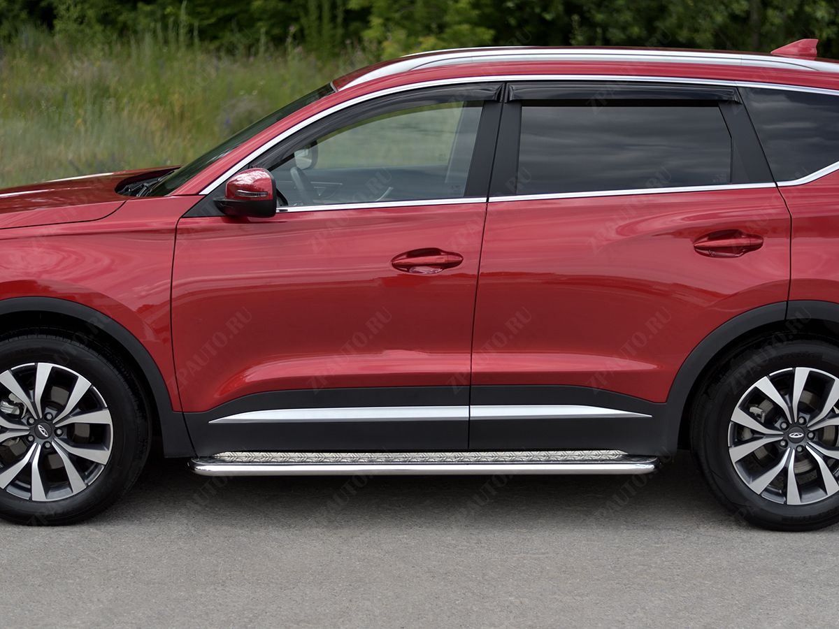 CHERY TIGGO 7 PRO 2020- Пороги труба d42 с листом (Лист алюм, проф. нерж) (вариант 1) CHT7L-0038741