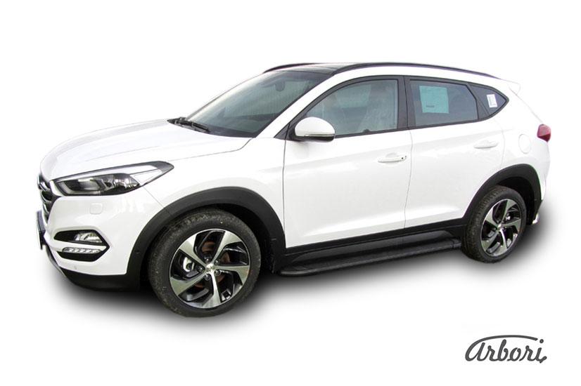 Пороги-подножки алюминиевые Arbori Optima Black черные на Hyundai Tucson 2015, артикул AFZDAALHT4WD1501, Arbori (Россия)