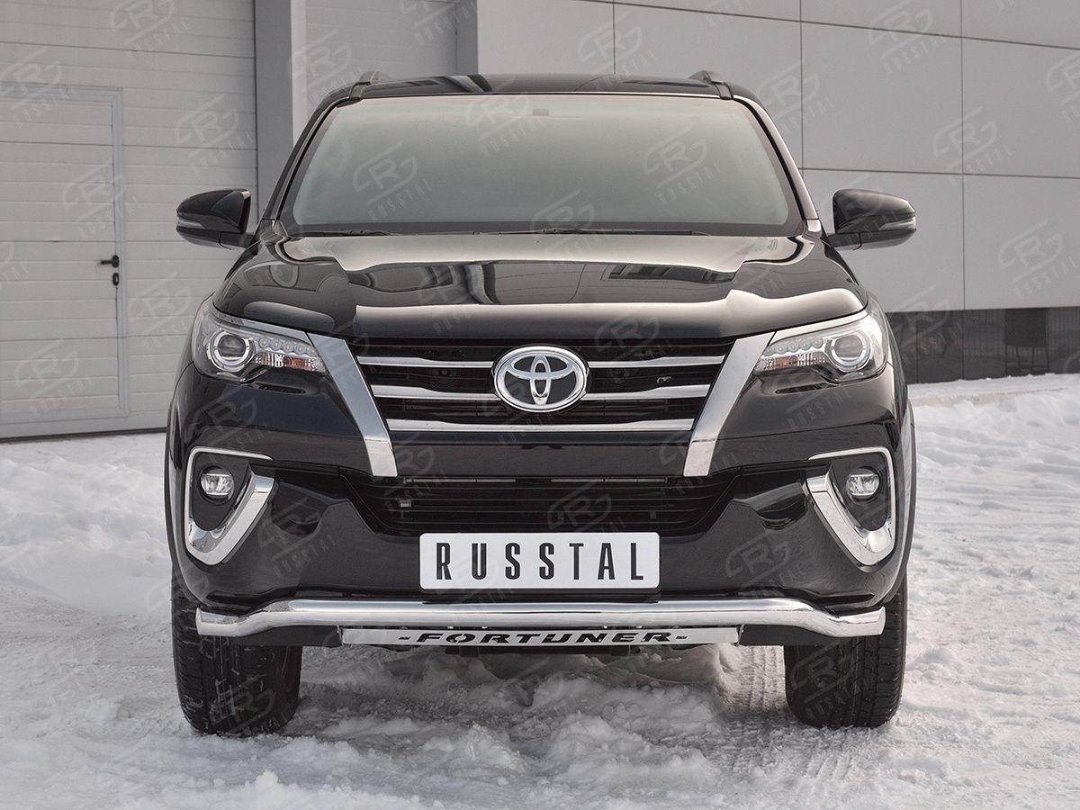 Защита переднего бампера d57 волна с надписью на Toyota Fortuner 2017, Slitkoff TFZ-002878
