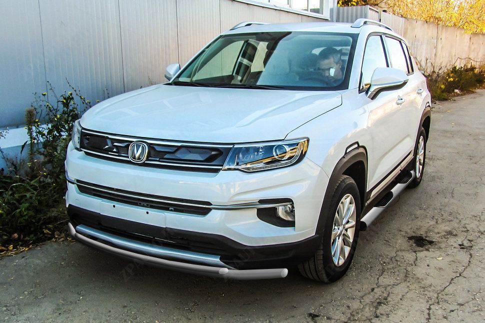 Защита переднего бампера d42+d32 двойная серебристая Changan CS35Plus (2018-2023) , Slitkoff, арт. CHANCS35P-002S