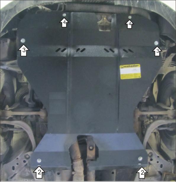 Защита стальная Мотодор (Двигатель, Коробка переключения передач, Масляного фильтра, Передний дифференциал), 2 мм, Сталь для Mitsubishi Galant VIII 1996-2004 арт. 01336