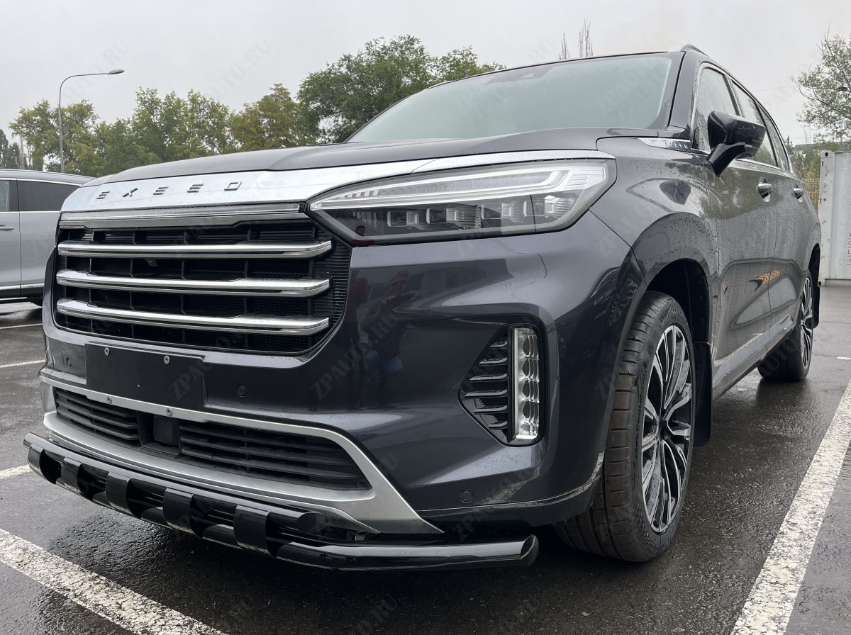 Защита переднего бампера двойная с перемычками с покрытием черный глянец для автомобиля CheryExeed VX 2022 арт. CHEVX.22.75-1