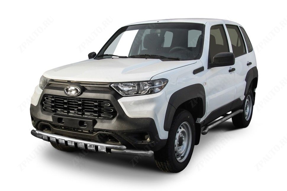 Защита переднего бампера d57+d42 двойная с декоративными элементами Lada Niva Travel (2020-2023) , Slitkoff, арт. NivTR002