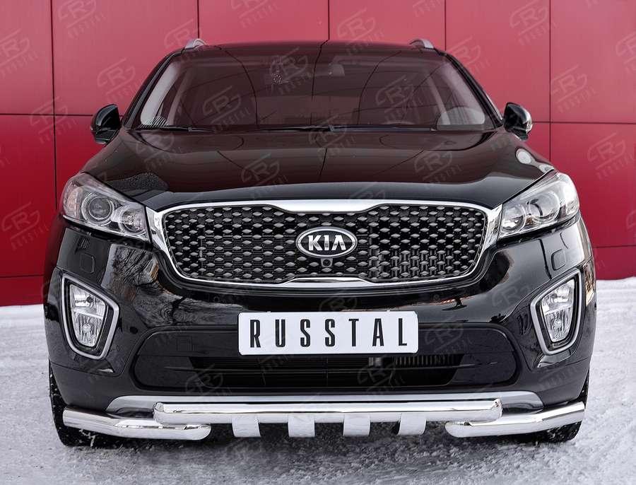 Защита переднего бампера d57/57 уголки с клыками KIA Sorento Prime CRDI 2015, Slitkoff KSPZ-002205