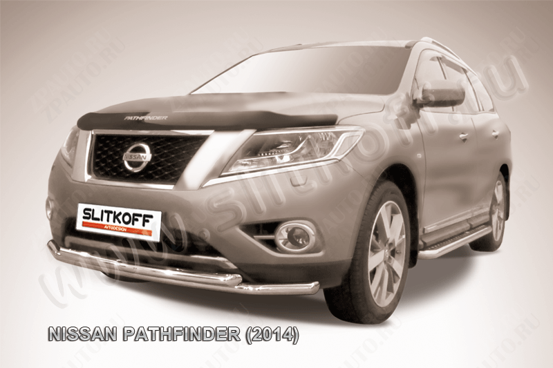 Защита переднего бампера d57+d57 двойная Nissan Pathfinder (2012-2017) Black Edition, Slitkoff, арт. NIP14-005BE