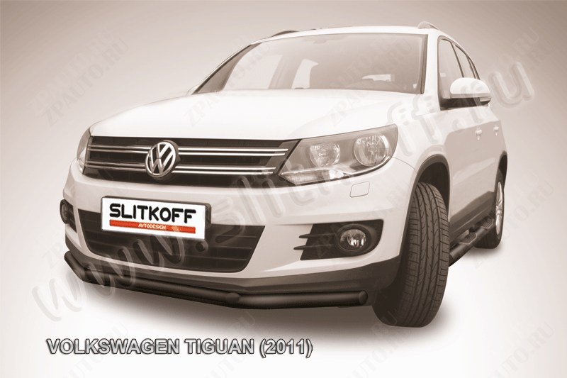 Защита переднего бампера d57+d42 двойная черная Volkswagen Tiguan (2011-2016) , Slitkoff, арт. VWTIG-003B