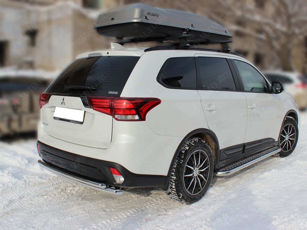 Защита заднего бампера радиусная двойная d-60+43 для автомобиля Mitsubishi Outlander 2018-2021г.в. арт. MOU18_3.1, 
Технотек