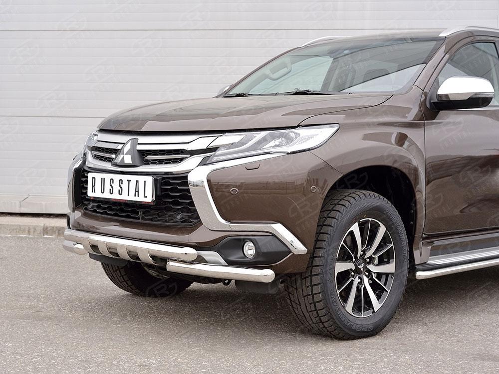 Защита переднего бампера d57/57 уголки с клыками для Mitsubishi Pajero Sport 2016, Slitkoff MPJSZ-002486