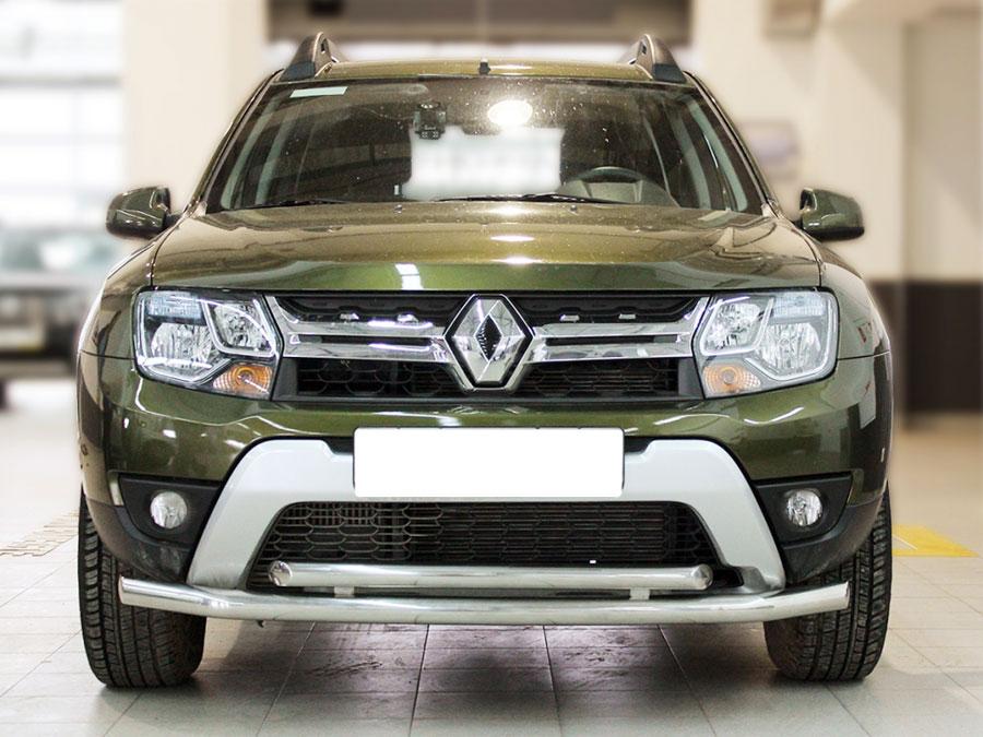 Дуга передняя по низу бампера радиусная двойная d60+53 на Renault Duster 2015 (Рено Дастер 2015), Технотек RD15_1.1