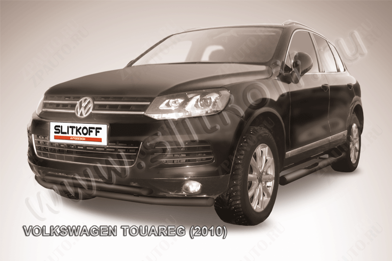 Защита переднего бампера d57+d57 двойная черная Volkswagen Touareg (2010-2014) , Slitkoff, арт. VWTR-004B
