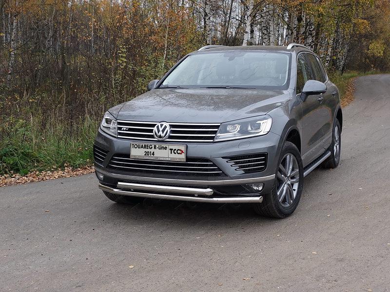Защита передняя нижняя (двойная) 60,3/60,3 мм для автомобиля Volkswagen  Touareg R-Line 2014, TCC Тюнинг VWTOUARRL14-09