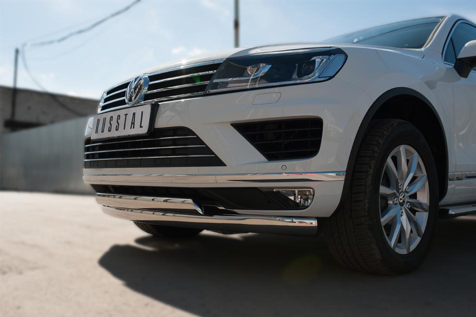 Защита переднего бампера d75х42/75х42 овальные дуги для Volkswagen Touareg 2014, Slitkoff VWTZ-002127