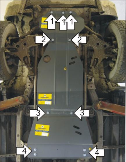 Защита стальная Мотодор (Двигатель, Передний дифференциал, Коробка переключения передач, Радиатор, Раздаточная коробка), 2 мм, Сталь для Nissan Terrano 1999-2006 арт. 01411