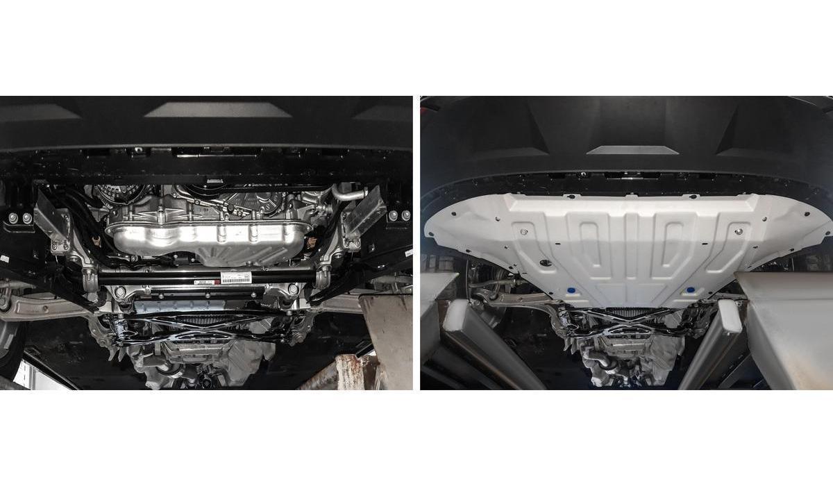 Защита радиатора и картера Rival для Volkswagen Touareg III (вкл. пакеты "Движение по бездорожью" и "Подвеска Pro") 2018-н.в., штампованная, алюминий 3 мм, с крепежом, 3 части, 333.5870.1