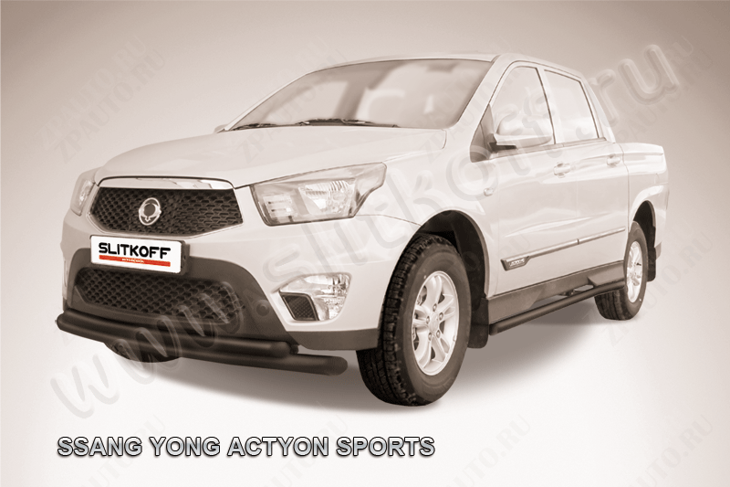 Защита переднего бампера d76+d57 двойная радиусная черная SsangYong Actyon Sport (2012-2016) , Slitkoff, арт. SYAS001B