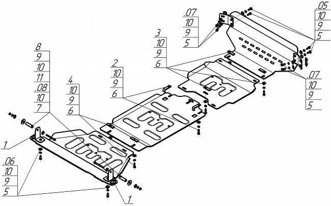 Защита алюминиевая Мотодор (Двигатель, Передний дифференциал, Коробка переключения передач, Радиатор, Раздаточная коробка, Бак AdBlue), 5 мм, алюминий для Dodge Ram 1500 2015-2018 арт. 32907