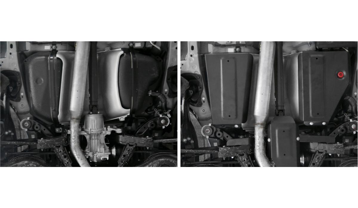 Защита топливного бака АвтоБроня для Mazda CX-5 I рестайлинг (V - 2.0; 2.5) 4WD 2015-2017, штампованная, сталь 1.8 мм, 2 части, с крепежом, 111.03819.1