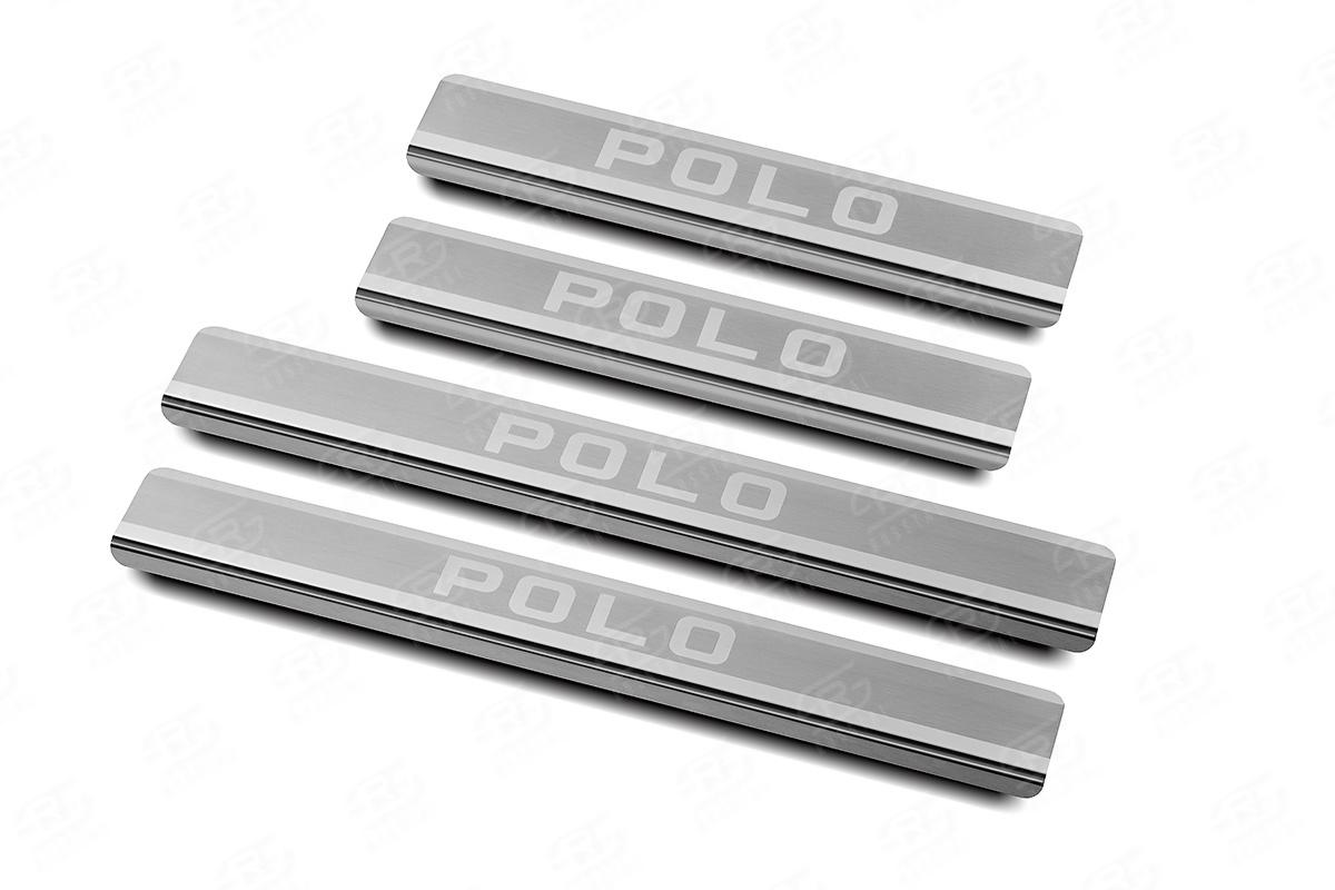 VOLKSWAGEN POLO 2020- Накладки на пороги RUSSTAL (нерж., шлиф., надпись) VWPOL20-03