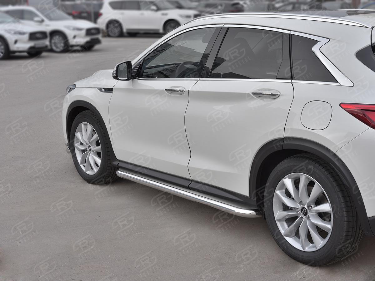 Пороги труба d57 с листом (Лист нерж, проф. нерж)  для автомобиля Infiniti QX50 2018, Slitkoff IQX5L-0030823
