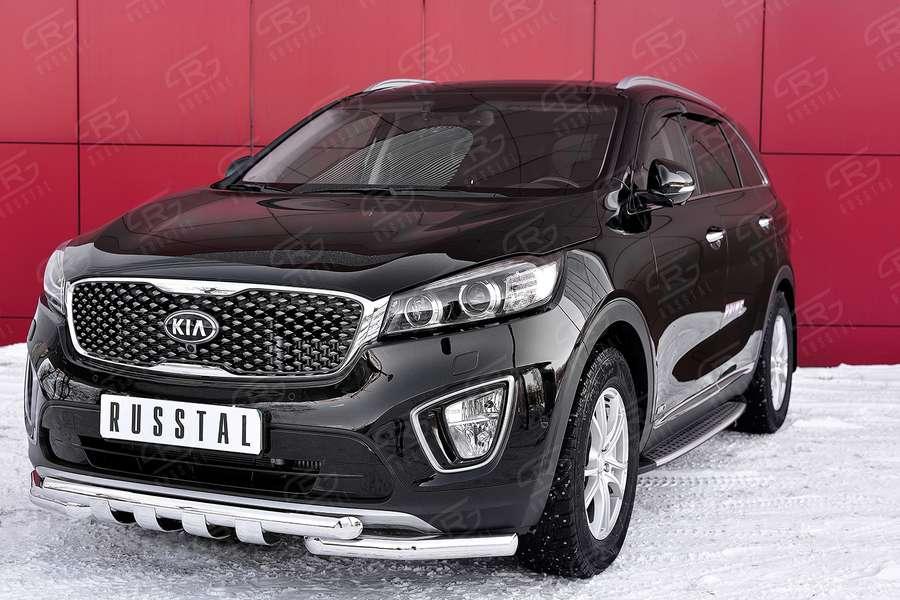 Защита переднего бампера d57/57 уголки с клыками KIA Sorento Prime CRDI 2015, Slitkoff KSPZ-002205