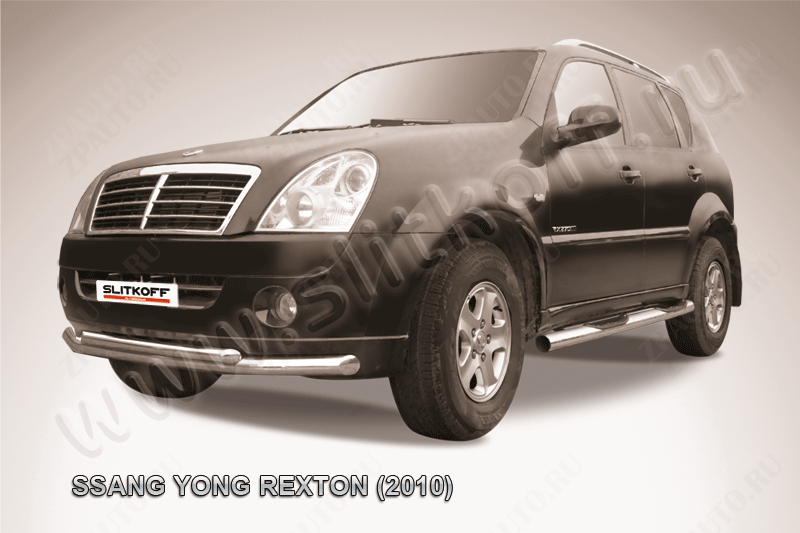 Защита переднего бампера d76+d57 двойная SsangYong Rexton (2006-2012) Black Edition, Slitkoff, арт. SSR007BE