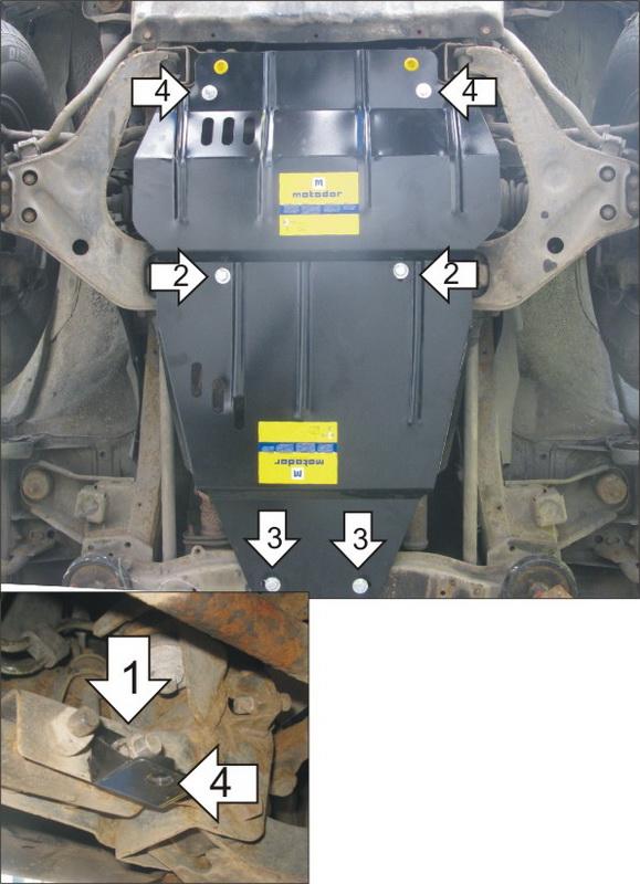 Защита стальная Мотодор (Двигатель, Коробка переключения передач, Передний дифференциал), 2 мм, Сталь для Mitsubishi Montero Sport 1997-2004 арт. 01332