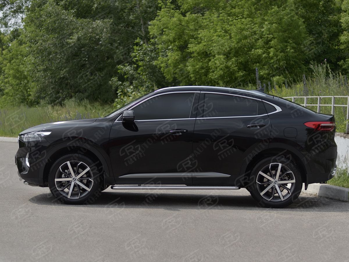 HAVAL F7X 4WD 2022- Пороги труба d42 с листом (Лист алюм, проф. нерж) (вариант 1) HF7XL-0040041