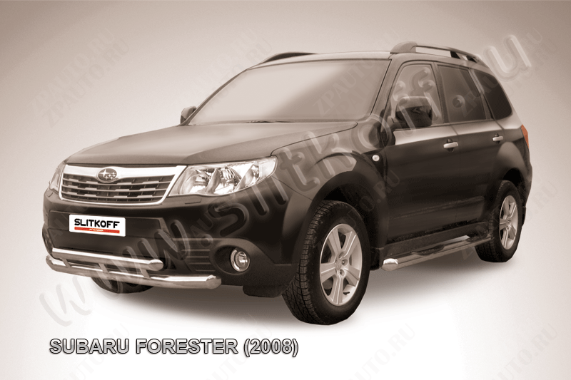 Защита переднего бампера d57+d57 двойная Subaru Forester (2007-2013) Black Edition, Slitkoff, арт. SF011BE