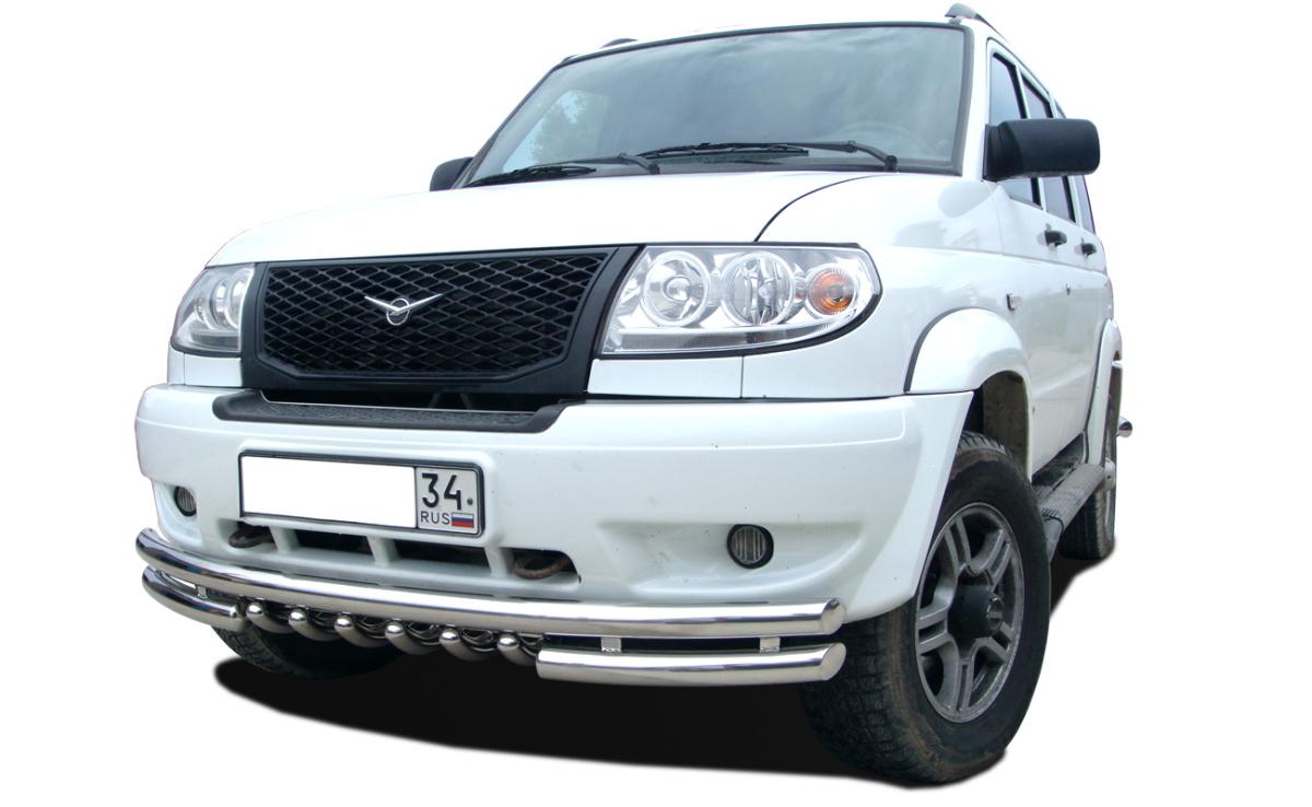 Защита переднего бампера тройная с защитой «акула» для автомобиля УАЗ Патриот  2005. UAP.05.06, Россия