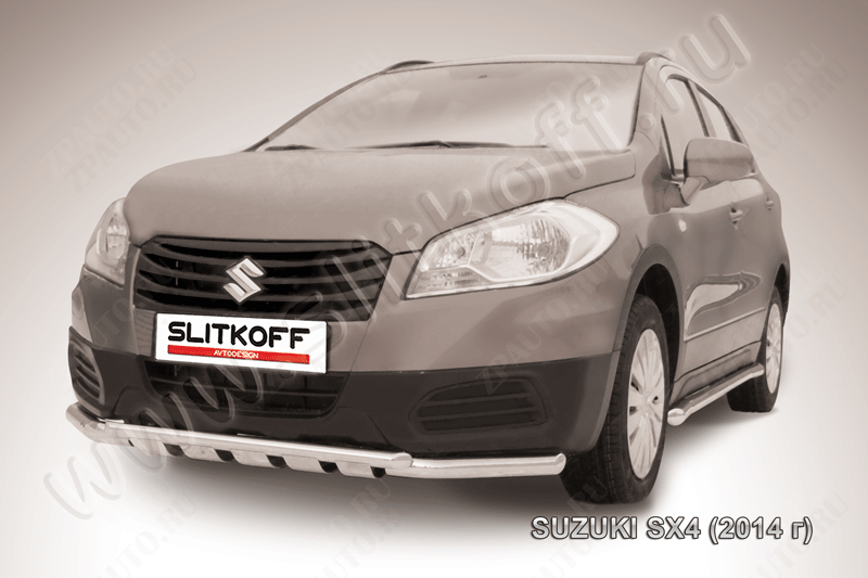 Защита переднего бампера d57+d42 двойная с профильной ЗК Suzuki SX-4 (2013-2016) , Slitkoff, арт. SSX4-14-001