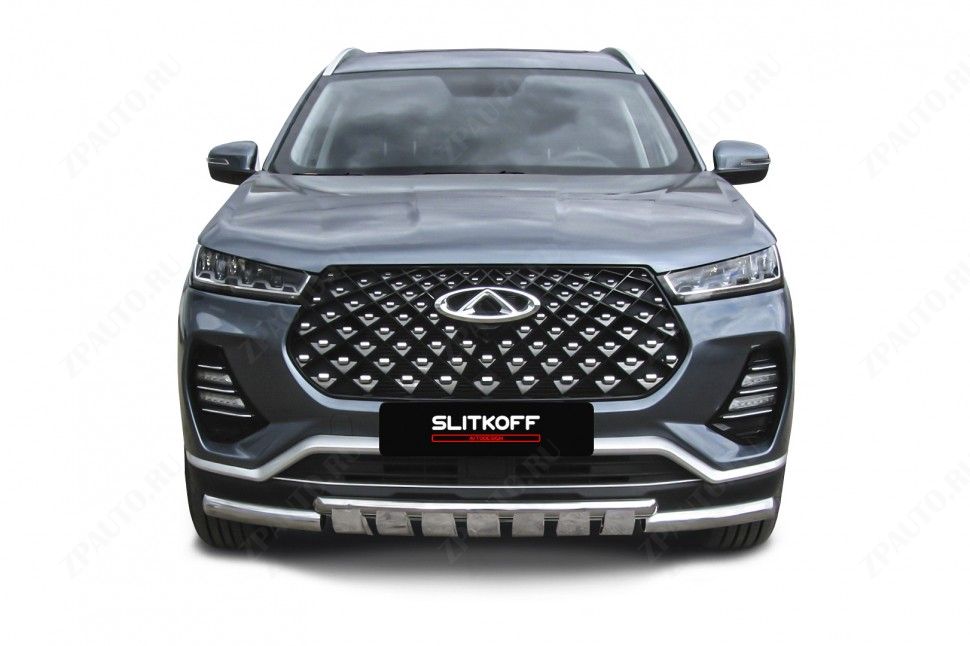 Защита переднего бампера d57+d42 двойная с декоративными элементами Chery Tiggo 7 Pro (2020-2023) , Slitkoff, арт. CT7PR-001