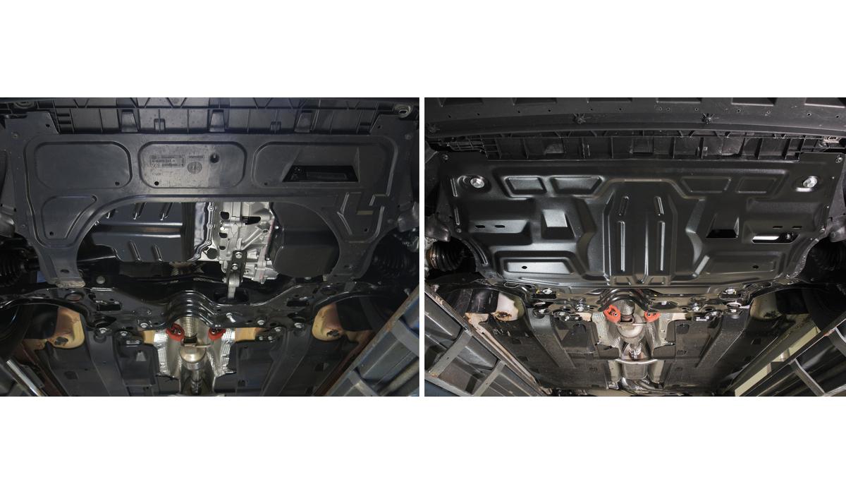 Защита картера и КПП АвтоБроня для Volkswagen Polo VI лифтбек (V - 1.4 (125 л.с.); 1.6 (90/110 л.с.)) 2020-н.в., штампованная, сталь 1.5 мм, с крепежом, 111.05842.1