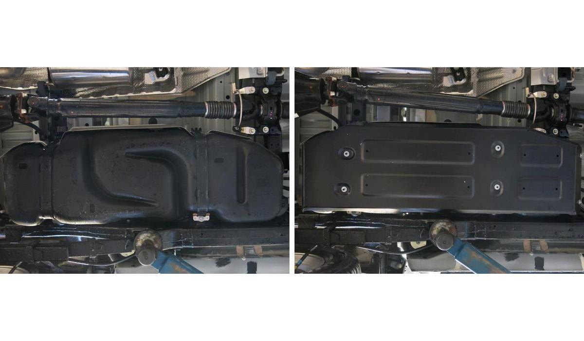 Защита топливного бака Rival для Toyota Hilux VIII 4WD 2015-2018, сталь 3 мм, с крепежом, штампованная, 2111.9505.1.3