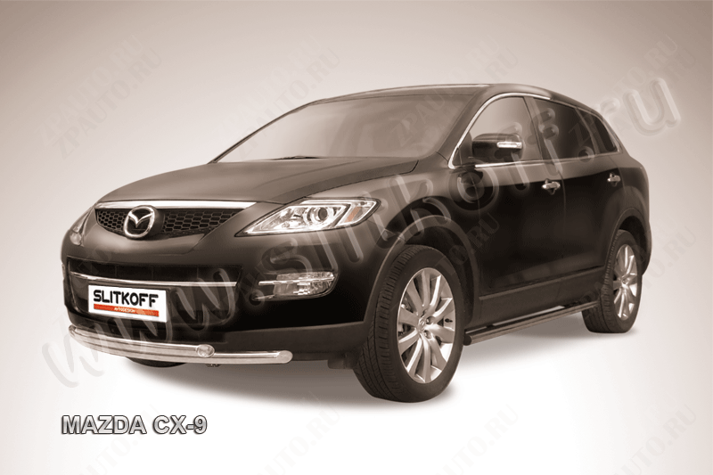 Защита переднего бампера d57+d57 двойная Mazda CX-9 (2006-2012) Black Edition, Slitkoff, арт. MZCX9003BE