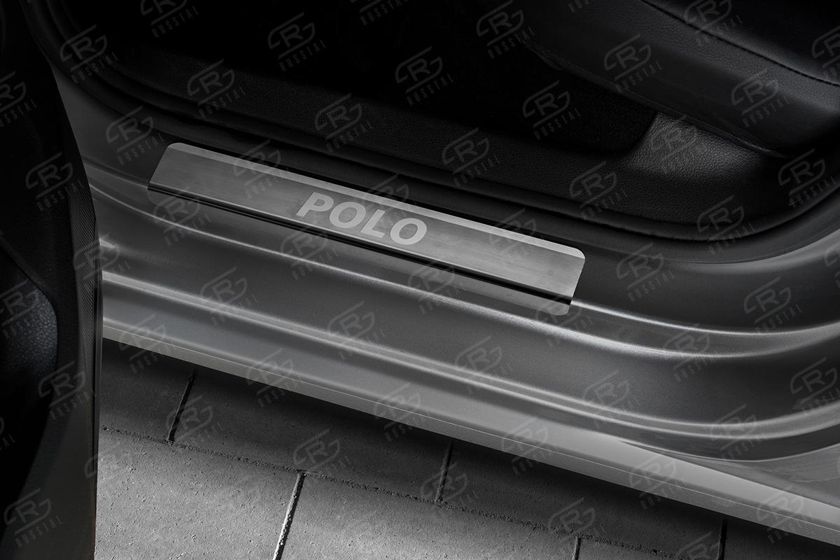 Накладки на пороги RUSSTAL (нерж., шлиф., надпись) VWPOL15-03 для VOLKSWAGEN POLO 2015-2020