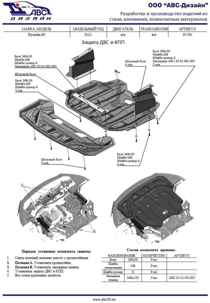 Композитная защита картера и КПП для Hyundai I40 (Хендай ай40), АВС-Дизайн 10.10k