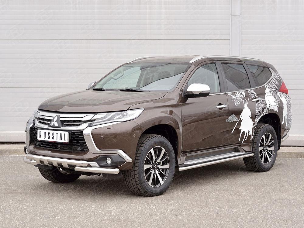 Защита переднего бампера d57/57 уголки с клыками для Mitsubishi Pajero Sport 2016, Slitkoff MPJSZ-002486