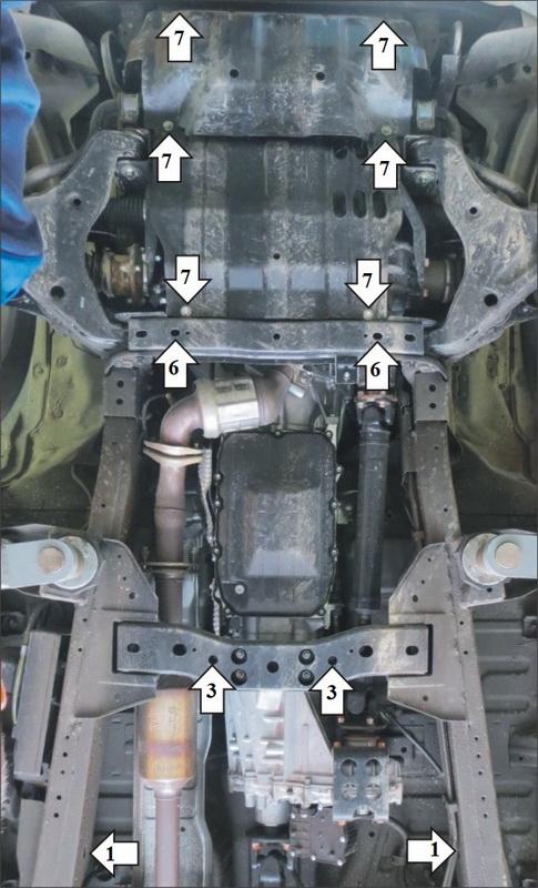 Защита алюминиевая Мотодор (Двигатель, Коробка переключения передач, Радиатор, Передний дифференциал, Раздаточная коробка), 5 мм, Алюминий для Mitsubishi L 200 2019- арт. 31323