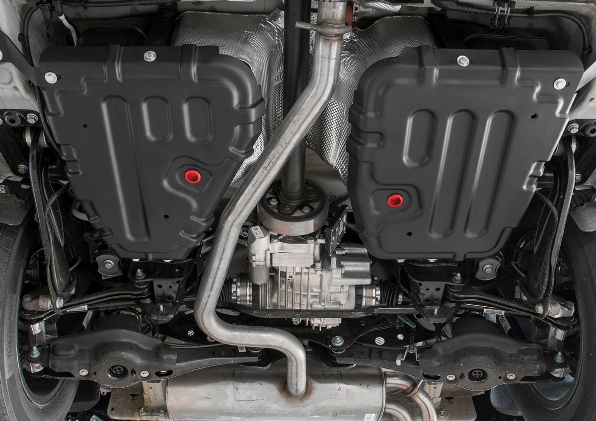 Защита топливного бака АвтоБроня для Volkswagen Tiguan II рестайлинг (V - 2.0 (180 л.с.)) 4WD 2020-н.в., штампованная, сталь 1.5 мм, 2 части, с крепежом, 111.05122.1