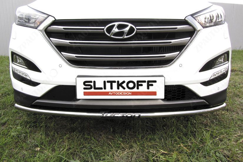 Защита переднего бампера d42 с надписью Hyundai Tucson 4WD (2015-2018) , Slitkoff, арт. HT4WD15001
